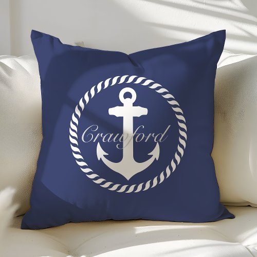 Preppy Navy Blue &Amp;Amp; White Nautical Anchor Monogram Throw Pillow