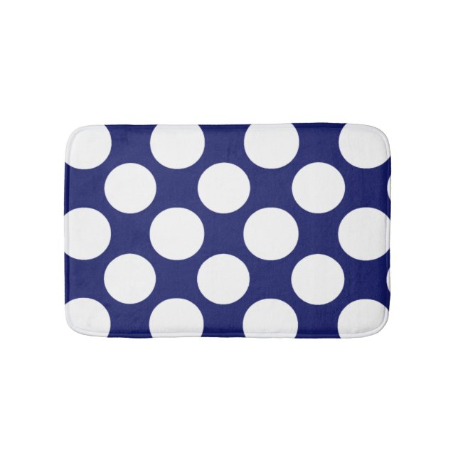 Preppy Navy Blue White Polka Dots Pattern Bathroom Mat (Front)