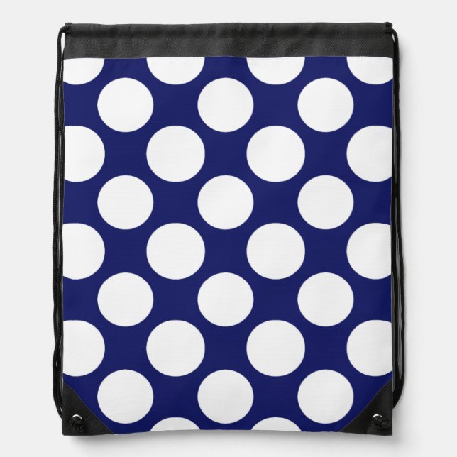 Preppy Navy Blue White Polka Dots Pattern Drawstring Bag (Front)