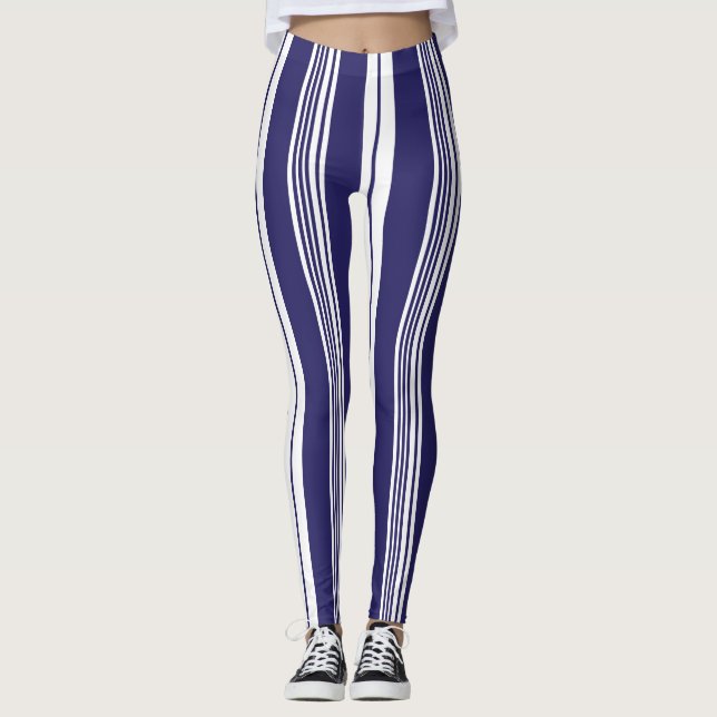 Preppy Navy Blue White Wide Deckchair Stripes Leggings (Front)