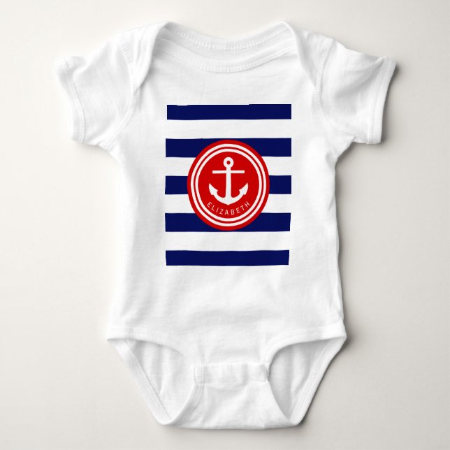 Preppy Navy Nautical Stripe Anchor Monogram on Red Baby Bodysuit (Front)