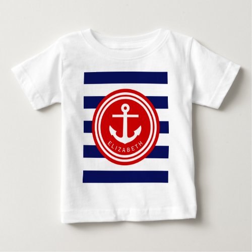 Preppy Navy Nautical Stripe Anchor Monogram on Red Baby T_Shirt