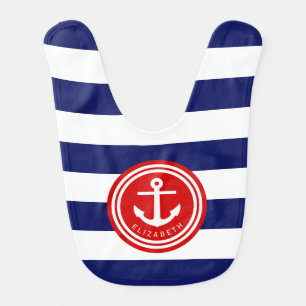 Preppy Navy Nautical Stripe Anchor Monogram on Red Bib