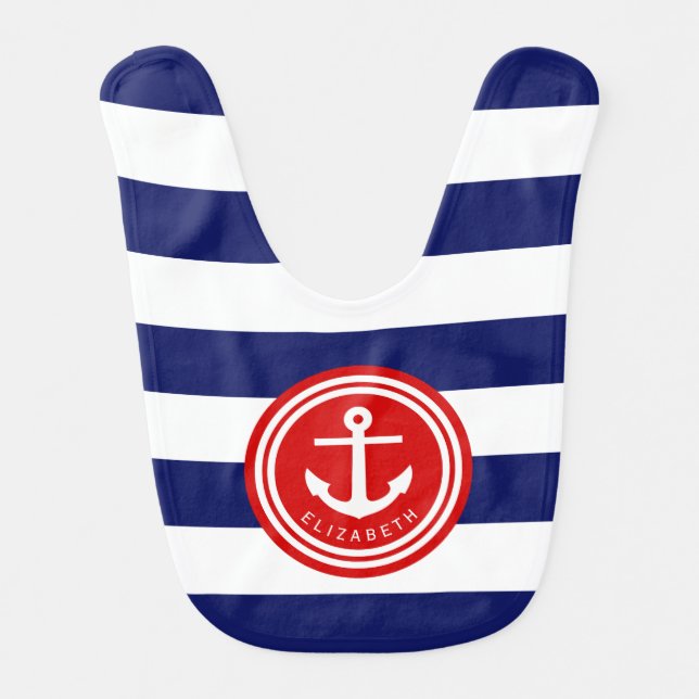 Preppy Navy Nautical Stripe Anchor Monogram on Red Bib (Front)