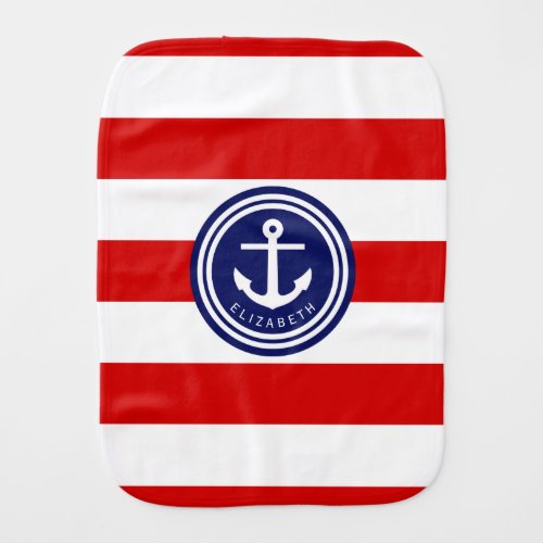 Preppy Navy Nautical Stripe Anchor Monogram on Red Burp Cloth