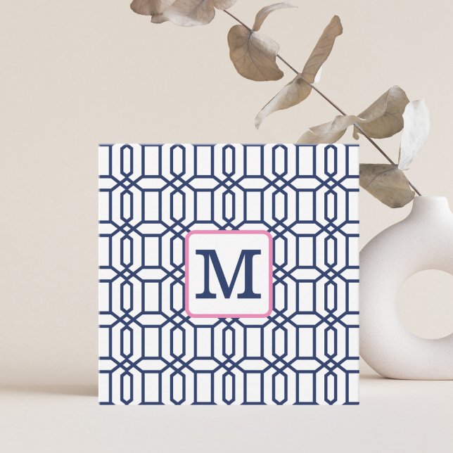 Preppy Navy Octagon Pattern / Navy Monogram  Note Card (Creator Uploaded)