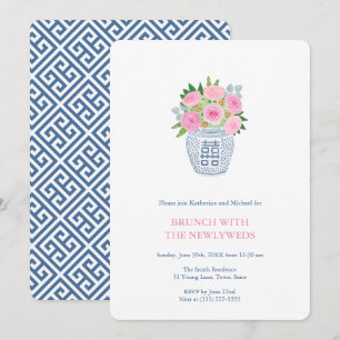 Preppy Navy Pink Roses Ginger Jar Newlyweds Brunch Invitation