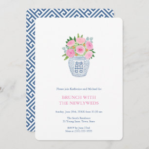 Preppy Navy Pink Roses Ginger Jar Newlyweds Brunch Invitation