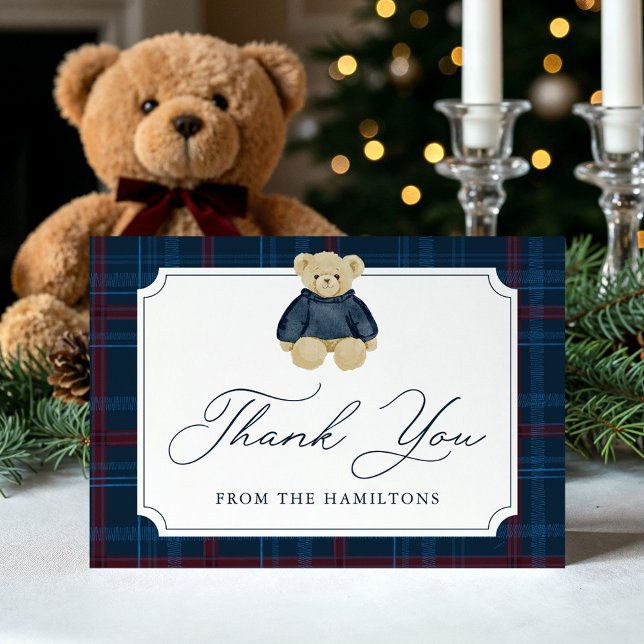 Preppy Navy Plaid Teddy Bear Baby Shower Thank You Card (Creator Uploaded)