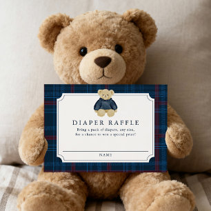 Preppy Navy Plaid Teddy Bear Diaper Raffle Enclosure Card