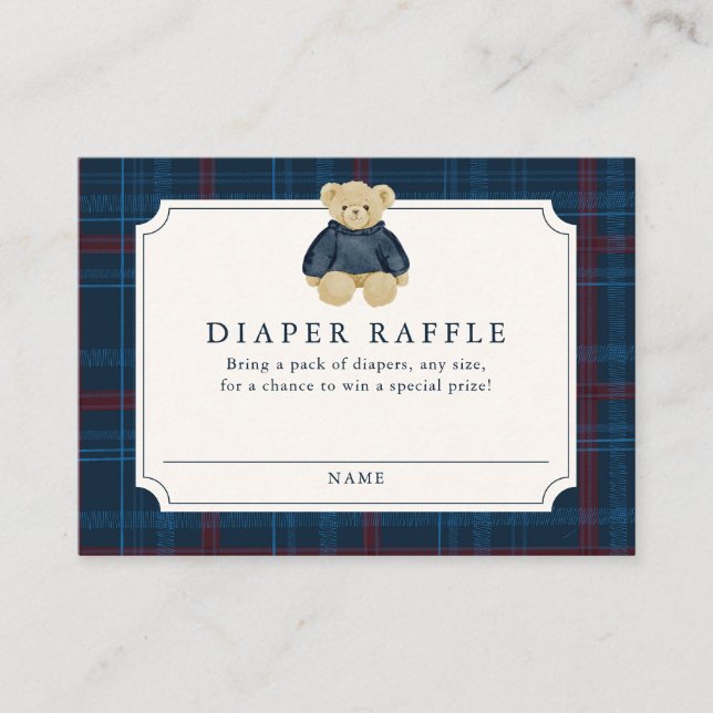 Preppy Navy Plaid Teddy Bear Diaper Raffle Enclosure Card (Front)