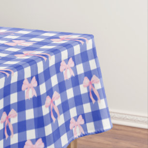 Preppy Navy Plaid with Pink Watercolor Bows Tablecloth