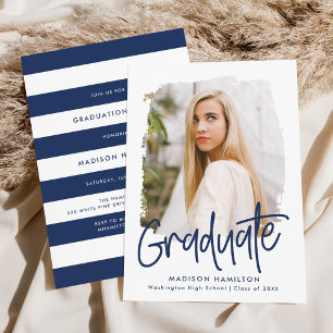 Preppy Navy Script Photo Graduation Party Invitation