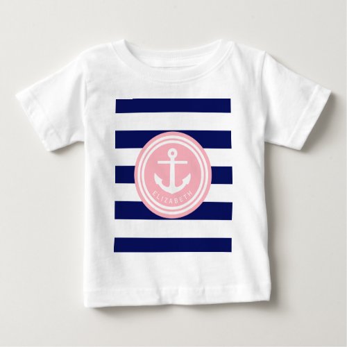 Preppy Navy Stripe Anchor Monogram on Pink Baby T_Shirt