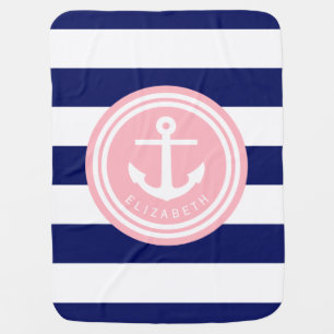 Preppy Navy Stripe Anchor Monogram on Pink Receiving Blanket