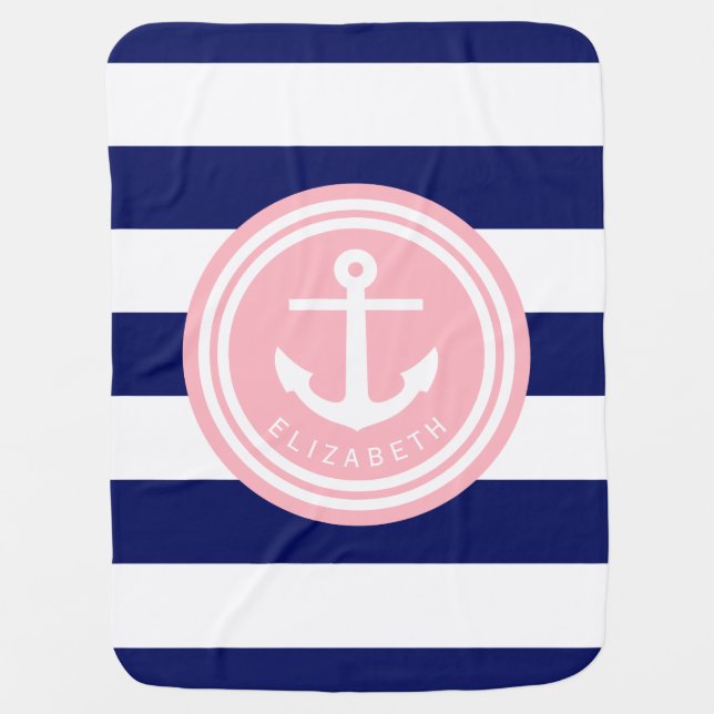Preppy Navy Stripe Anchor Monogram on Pink Receiving Blanket (Front)