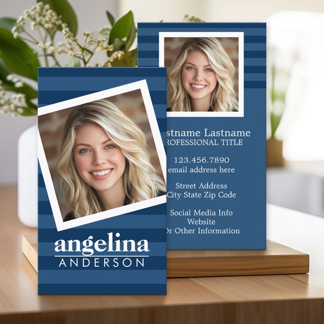 Preppy Navy Striped Pattern Custom Name and Photo Business Card (Custom Business Cards)
