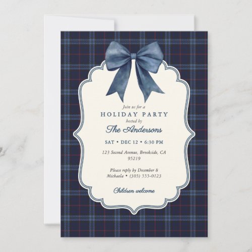 Preppy Navy Tartan Plaid Blue Bow Holiday Party Invitation