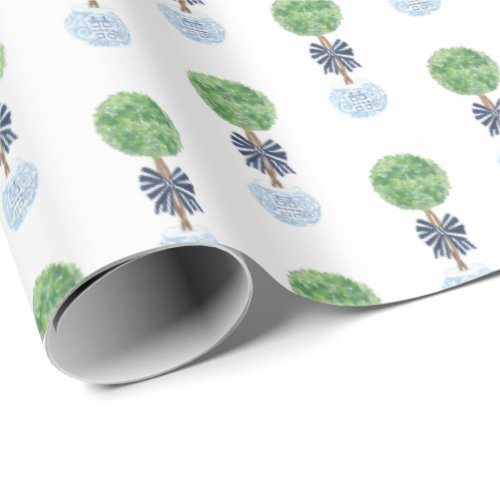 Preppy Navy White Boxwood Topiary Ginger Jar Wrapping Paper