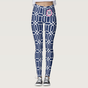 Preppy Navy White Octagon Geometric Monogram Leggings