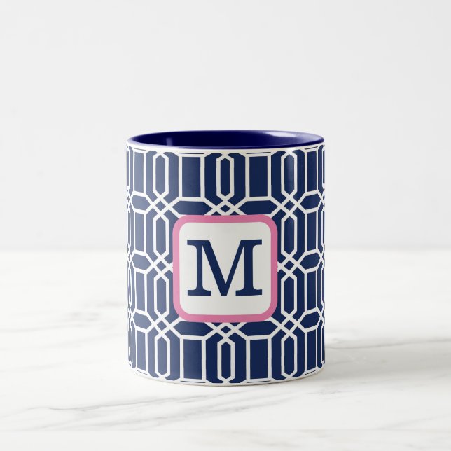 Preppy Navy White Octagon Geometric Monogram Two-Tone Coffee Mug (Center)