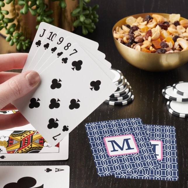Preppy Navy White Octagon Monogram Poker Cards (In Situ)