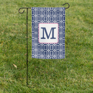 Preppy Navy White Octagon Pattern Monogram Garden Flag