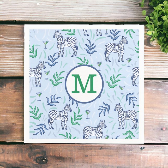 Preppy Navy Zebra Martinis Blue Monogram  Napkins (Creator Uploaded)
