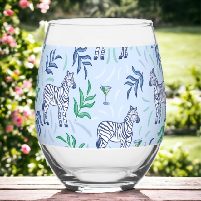 Preppy Navy Zebra Martinis Greenery Blue Stylish Stemless Wine Glass (Creator Uploaded)