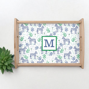 Preppy Navy Zebra Martinis White Monogram Serving Tray