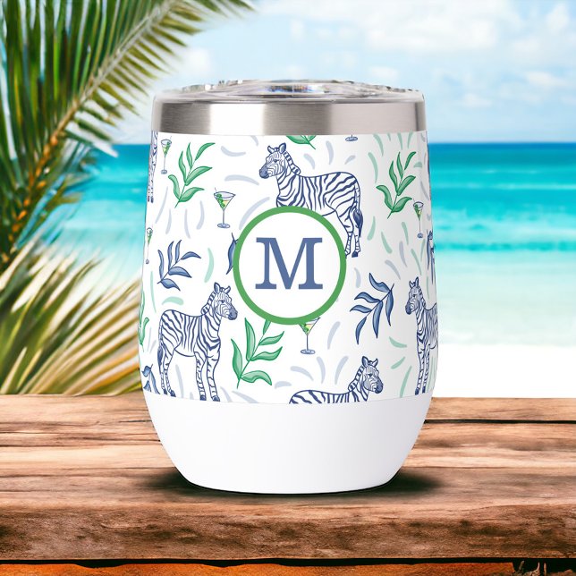 Preppy Navy Zebra Martinis White Monogram  Thermal Wine Tumbler (Creator Uploaded)