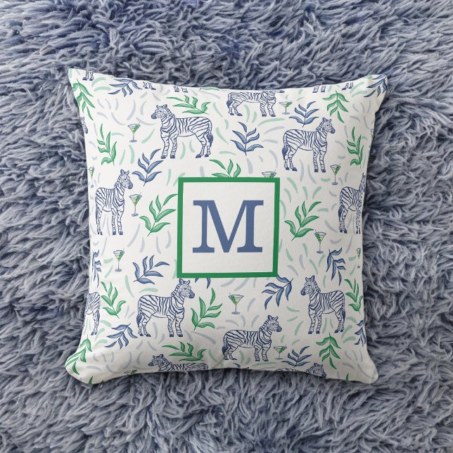 Preppy Navy Zebra Martinis White Monogram  Throw Pillow (Creator Uploaded)