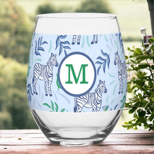 Preppy Navy Zebra Monogram Light Blue  Stemless Wine Glass (Creator Uploaded)