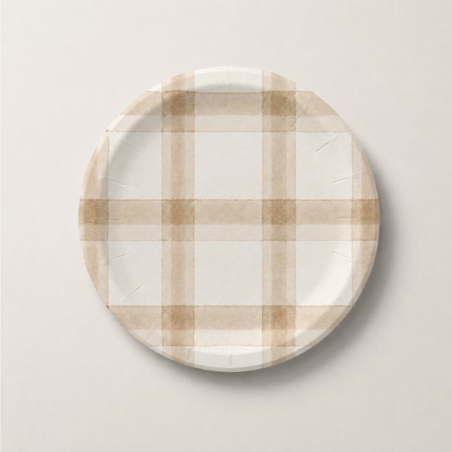 Preppy Neutral Plaid Paper Plates (Creator Uploaded)