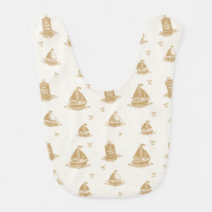 Preppy No Wake Zone Sailboat Pattern in Khaki Baby Bib
