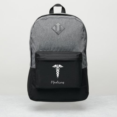 Preppy Nurse Medical Caduceus Black Grey Name Port Authority Backpack