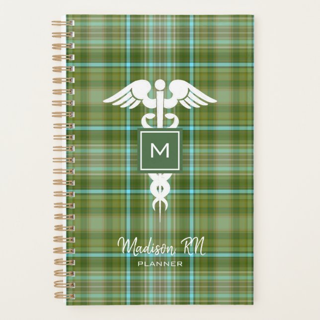 Preppy Nurse Medical Green Plaid Personalized Planner (Front)
