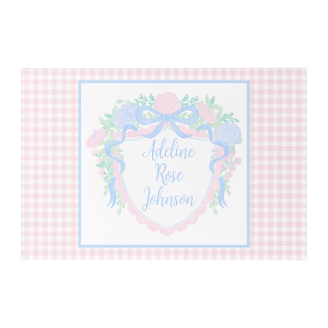 Preppy Nursery Watercolor Crest Custom Name Acrylic Print (Front)