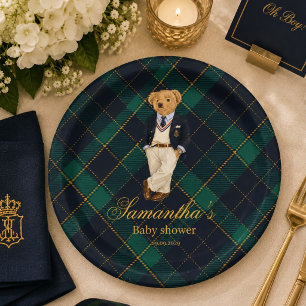 Preppy Old Money Teddy Bear Baby Shower Paper Plates
