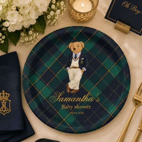 Preppy Old Money Teddy Bear Baby Shower Paper Plates