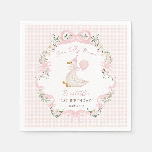 Preppy One Silly Goose Pink Bow 1st Birthday Napkins (Front)