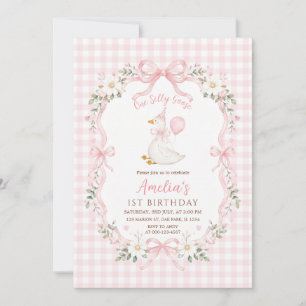 Preppy One Silly Goose Pink Bow Girl 1st Birthday Invitation