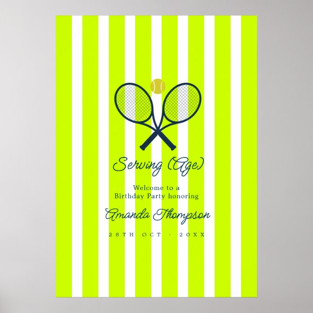 Preppy Optic Yellow Tennis Birthday Party Welcome Poster (Front)