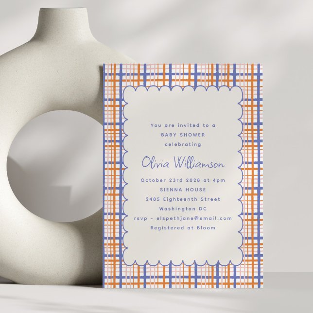 Preppy Orange Blue Plaid Scallop Baby Shower Invitation (Creator Uploaded)