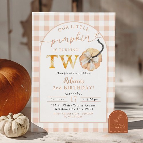 Preppy Orange Gingham Pumpkin 2nd Birthday Invitation