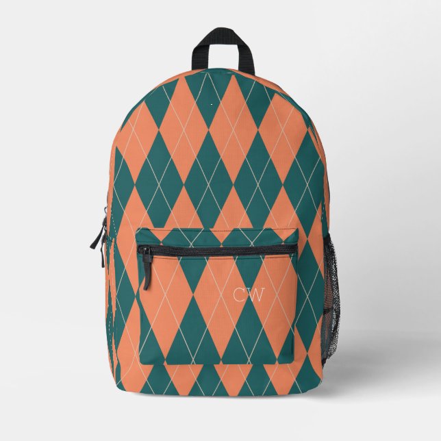 Preppy Orange Green Argyle Print Monogram Initials Printed Backpack (Front)