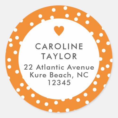 Preppy Orange Heart Polka Dots Cute Girly Address Classic Round Sticker
