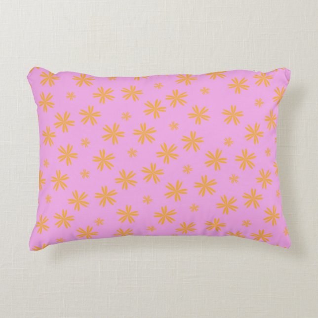 Preppy Orange Pink Hippie Flower Pattern Accent Pillow (Front)