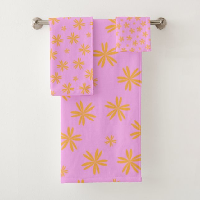 Preppy Orange Pink Hippie Flower Pattern Bath Towel Set (Insitu)
