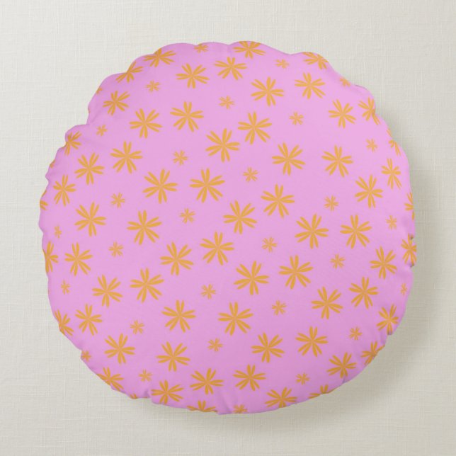 Preppy Orange Pink Hippie Flower Pattern Round Pillow (Front)
